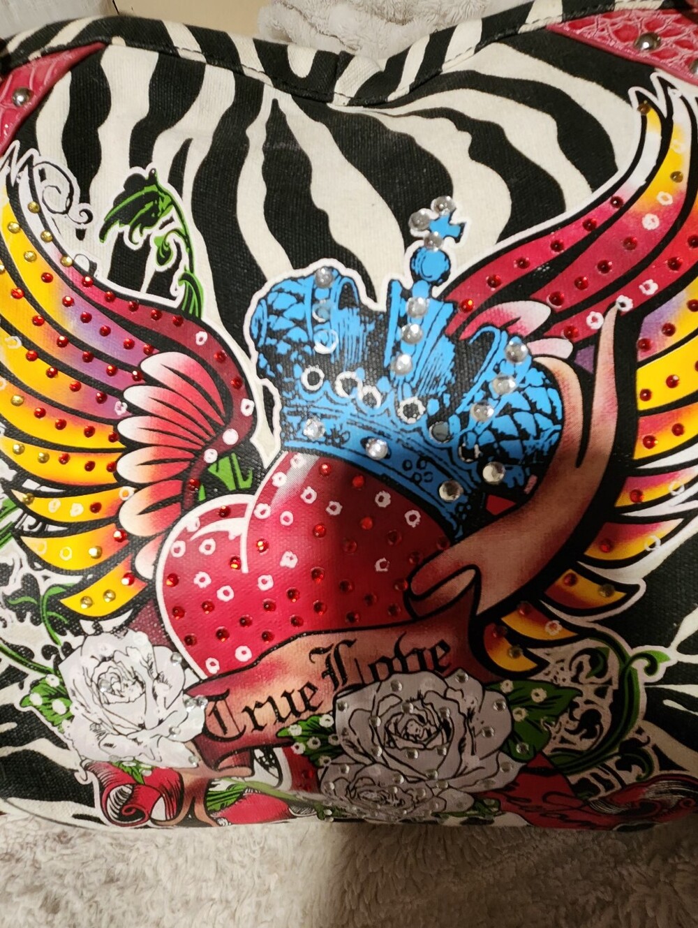 Y2K Zebra Print Satchel Bag Tattoo Heart Crown Pink Croc Trim Rhinestone Studded - Picture 12 of 12